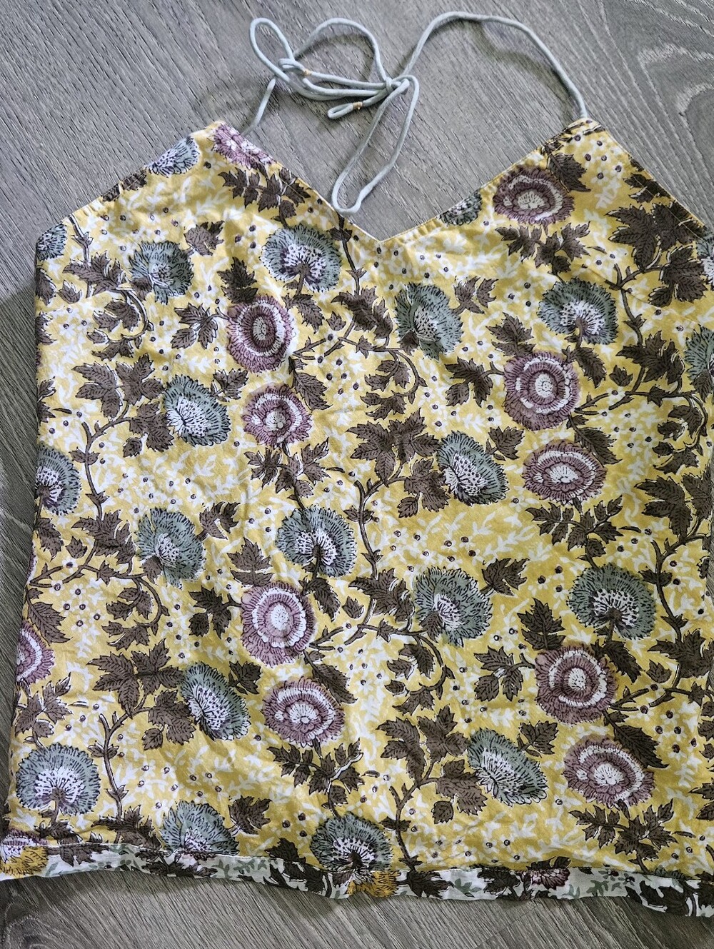 ANOKHI Block Print Cotton Halter Cami Top M Yellow Floral Back Button Boho